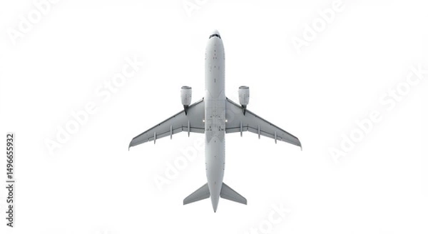 Obraz Overhead View Sleek Passenger Jet Soaring Brightly Lit Against White Sky. AI Generated