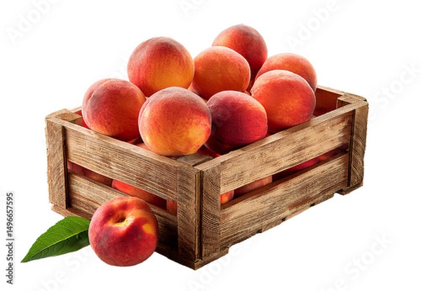 Obraz A wooden crate filled with ripe peaches, a symbol of freshness, and seasonal harvest