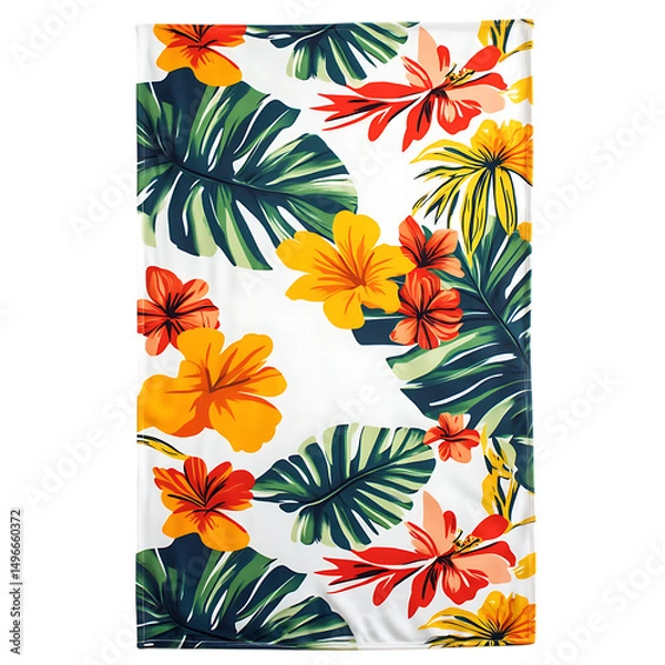 Fototapeta Tropical Beach Towel with Expansive Lush Prints in Orange and Yellow Flowers Isolated on Transparent Background