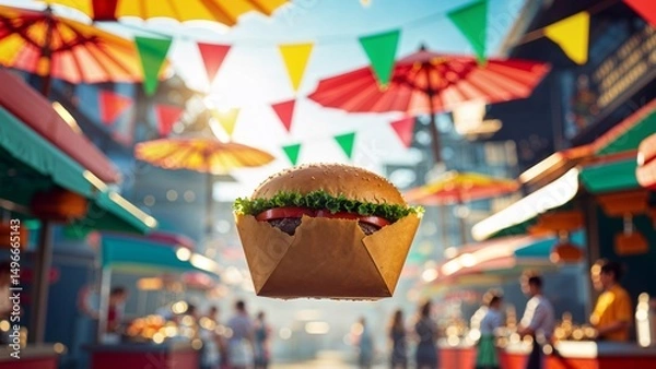 Fototapeta Crispy Paper-Wrapped Burger Box Floating in Colorful Summer Street Food Market Scene with Flags and Sunlight