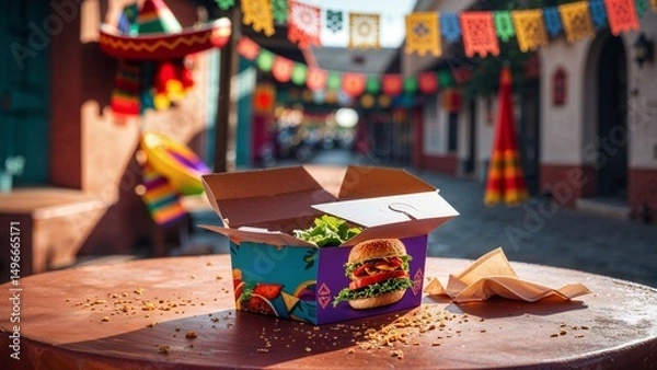 Fototapeta Glossy Cardboard Burger Box with Mexican Street Decor and Tortilla Crumbs on Terracotta Table in Warm Sunlight