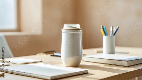 Fototapeta Shiny Ceramic Travel Cup on Office Meeting Table with Minimalist Stationery and Notebook, Professional Workspace Mockup