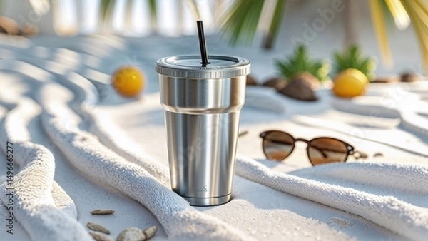 Fototapeta Reusable Tumbler with Straw on Beach Towel, Summer Vibes Mockup with Sand and Sunglasses