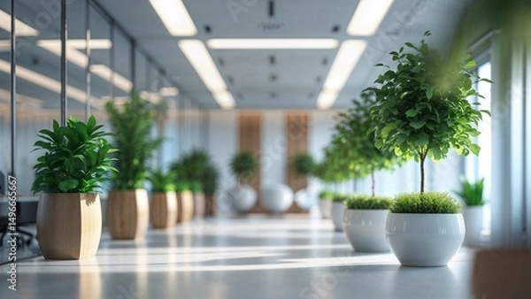 Fototapeta Modern Sleek Office Workspace with Glass Meeting Rooms, Potted Plants, Neutral Colors, Soft Focus and Product Display Background