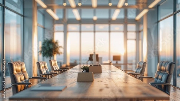 Fototapeta Abstract Corporate Office with Sunset View, Elegant Wooden Tables, Large Windows, Cozy Lighting and Defocused Effect