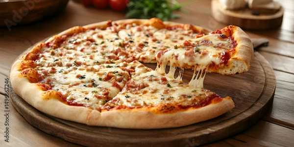 Fototapeta Hot Pizza with Melting Cheese and Pepperoni on Wooden Board, Freshly Baked Pepperoni Pizza Slice Being Lifted, Classic Italian Pizza with Cheese and Toppings  
