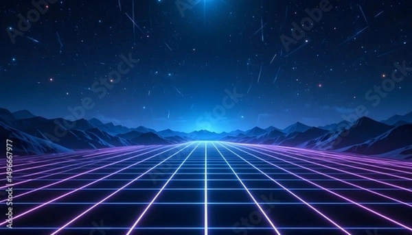 Fototapeta "Futuristic Grid Landscape with Glowing Lines and Night Sky – Digital Art Website Background"