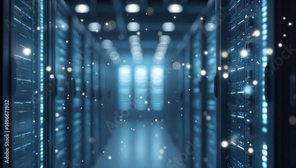 Obraz A modern data center room with rows of  server racks, soft blur effect, infrastructure system.