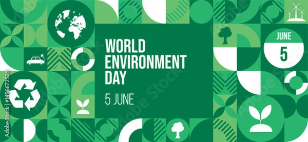 Fototapeta World Environment Day pattern Design. 5th June World Environment Day vector design with globe. Green abstract geometry. Earth day. Sustainability, Ecology, Eco friendly concept. Vector illustration.