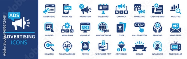 Fototapeta Advertising icon set. Containing marketing, promotion, announcement, branding, campaign, Ad, billboard, banner and more. Solid vector icons collection.