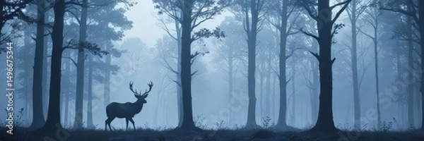 Fototapeta Misty forest silhouette of a majestic deer, blue toned trees ,  trees,  elegant