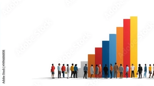 Obraz Group of diverse people analyzing bar chart for inclusive wage growth tracker in a professional setting
