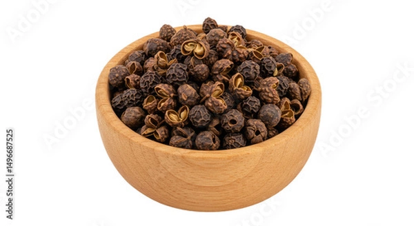 Fototapeta Vibrant Szechuan pepper kernels displayed in a wooden spoon, isolated on a transparent background. Perfect PNG for Asian cooking and spice themes.