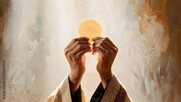 Fototapeta A priest's hands reverently hold a consecrated host, emanating a serene glow, representing a spiritual moment. It is a photorealistic capturing of the sacred communion ritual.