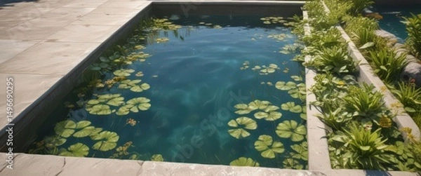 Fototapeta Sunlit pool surface displays delicate footprint design with aquatic plants,  photography,  ecology