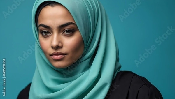 Fototapeta Confident female wearing hijab, captured in front of a striking cyan background.

