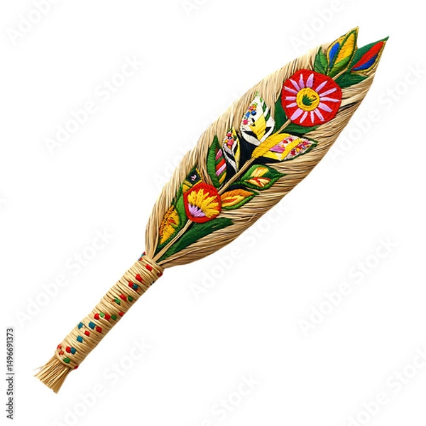 Fototapeta A Woven Straw Arrow with Ukrainian Pysanka Designs Isolated on Transparent Background