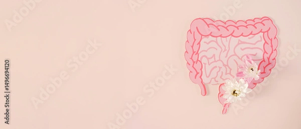 Fototapeta intestine shape with flower, healthy bowel digestion, leaky gut, probiotic and prebiotic for gut health, colon, gastric, stomach cancer 