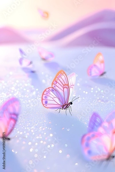 Fototapeta A captivating scene of delicate butterflies dancing gracefully in the ethereal glow of dawn, with soft hues of pink and violet.