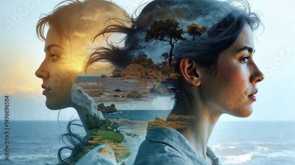 Obraz Double Exposure of Woman’s Profile with Ocean and Landscape, Creative Portrait with Nature Overlay, Conceptual Artistic Image of Female Silhouette and Scenery  
