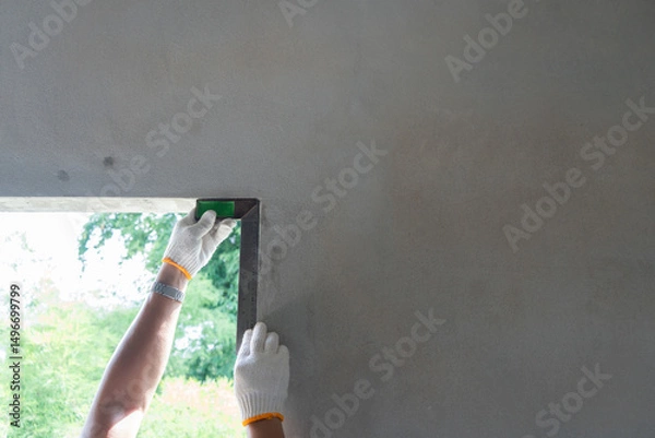 Fototapeta Measuring and aligning drywall installation home renovation construction site indoor environment close-up view precision techniques