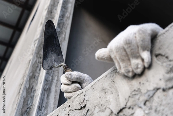 Fototapeta Construction worker finishing concrete wall urban setting action shot industrial environment close-up view skilled labor showcase
