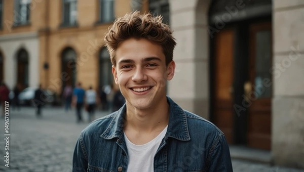 Fototapeta Happy teen in a city setting, standing confidently in front of a building.

