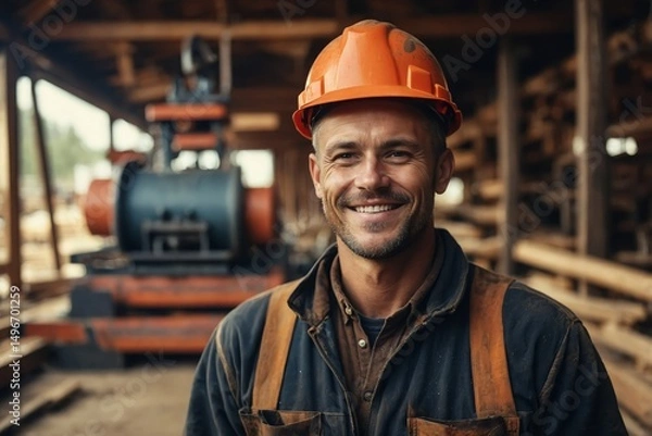 Fototapeta Confident worker with a smile, posed by machinery in the wood processing industry.

