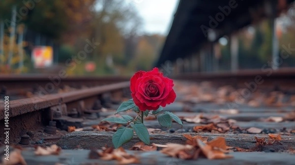 Obraz Red Rose on Railway Track with Autumn Leaves, Symbolic Flower in Urban Environment, Romantic and Emotional Nature Scene  
