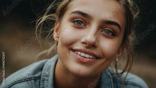 Fototapeta Upward-looking portrait of a cheerful European girl with hazel eyes and a subtle nose ring.

