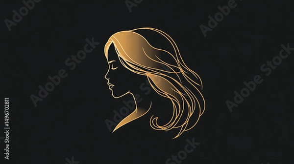 Fototapeta Stylish logo featuring a golden-haired womanâ€™s face, perfect for minimalist skincare branding, shown in a flat vector against a black backdrop