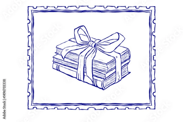 Fototapeta Stack of vintage books tied with ribbon in decorative frame, blue outline sketch