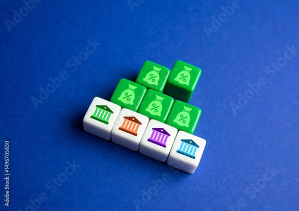 Obraz Colorful Dice with Bank Icons on Blue Background, Financial and Banking Concept, Business and Economy Symbols on Dice  
