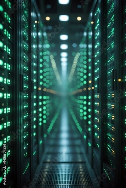 Fototapeta Blurry view of a data center interior with rows of network servers, green and blue indicator lights.