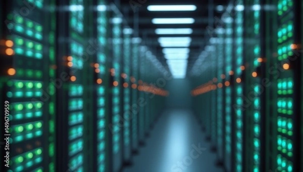 Fototapeta Blurry view of a data center interior with rows of network servers, green and blue indicator lights.