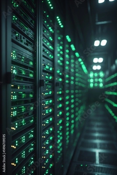 Fototapeta Blurry view of a data center interior with rows of network servers, green and blue indicator lights.