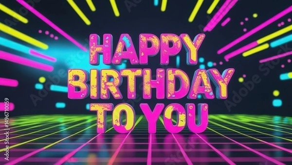 Fototapeta Happy birthday to you text in pink and yellow with neon lines and grid against a dark background
