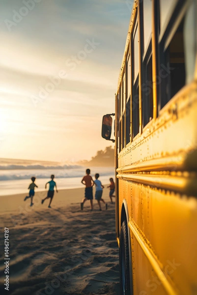 Fototapeta Golden-hour school bus parked near a scenic beach as joyful children dash towards the waves, leaving their shoes behind. Nostalgic coastal adventure, soft focus, cinematic realism.