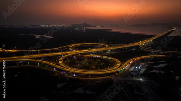 Fototapeta India's longest sea bridge: Trans-Harbour Sea Link. Atal Setu sea bridge in Mumbai, Maharashtra, India. Time-lapse of a city at night with bright skyscrapers and a dense network of glowing buildings.