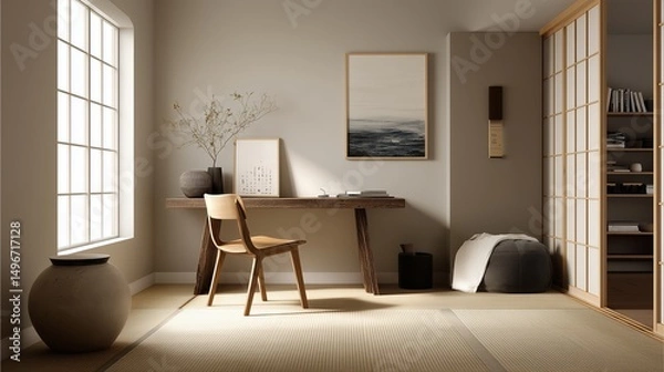 Fototapeta emotional wellness workspace minimal art with clean Japanese Zen style interior, calm neutral tones and tatami mat