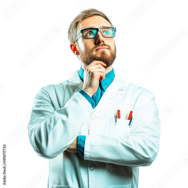 Obraz Pensive doctor with beard in lab coat looking up, cut out transparent