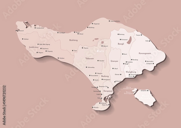 Obraz Vector isolated illustration. Simplified beige administrative map of Bali, Indonesia with nearest island Nusa Penida. Brown background. Names of cities, villages and Regencies