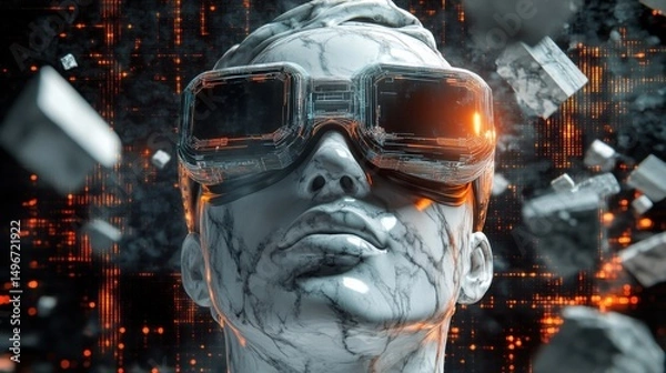 Fototapeta Marble statue comes alive through immersive VR digital awakening amidst dark glowing cybernetic