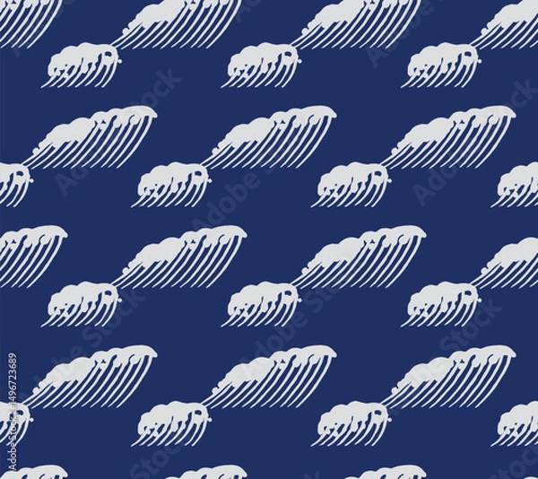 Fototapeta Hand drawn brush lines abstract waves and ripples seamless pattern, Japanese and ethnic wood carving, engraving texture background in white and blue, minimal graphic for carpet, textile, decoration