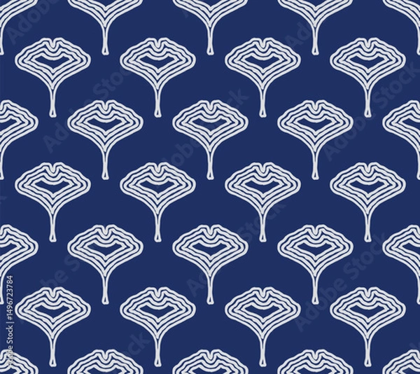 Fototapeta Hand drawn brush lines abstract Gingko leaf seamless pattern, Japanese folk, ethnic wood carving texture background, simple and traditional foliage graphic for textile, carpet, decoration