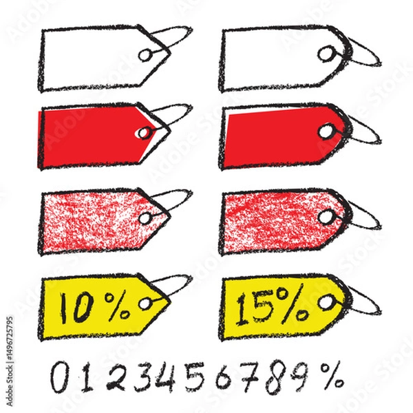 Obraz Template Set of Crayon Tag Price, number and percentage on white background