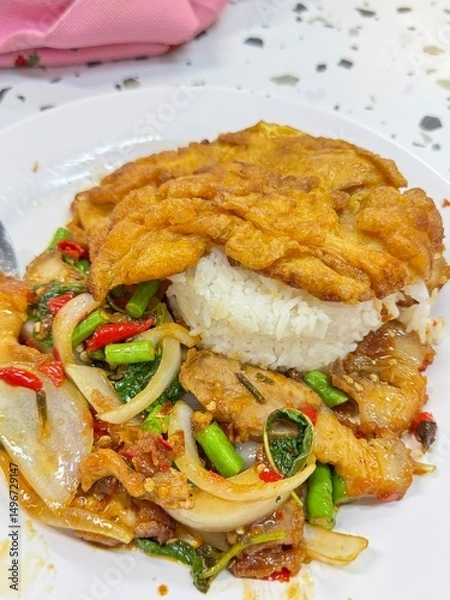Fototapeta Authentic Thai holy basil stir-fry with crispy pork belly (Moo Krob) and a fried egg (Kai Dao) over jasmine rice, a classic spicy and flavorful Thai dish.