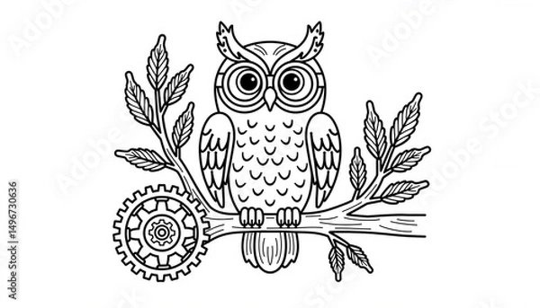 Obraz Owl illustration sitting on branch with gear elements in black and white  