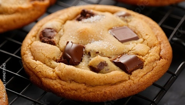 Fototapeta A single, tantalizing chocolate chip cookie rests on a cooling rack, inviting the viewer with its perfectly golden-brown exterior and generous chunks of rich chocolate.