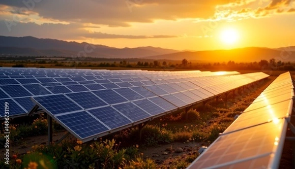 Fototapeta a serene solar farm at sunset. sunlight is captured as it illuminates the panels of the solar array, casting long shadows across the landscape